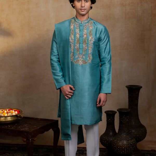 Falling Raw Silk Green Paisley Zari Kurta Set By Hilo Design