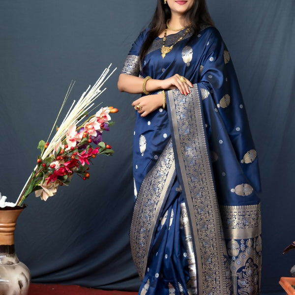 Jyoti Fashion Women's Navy Blue Paithani Silk Zari Woven Saree with Blouse - Distacart
