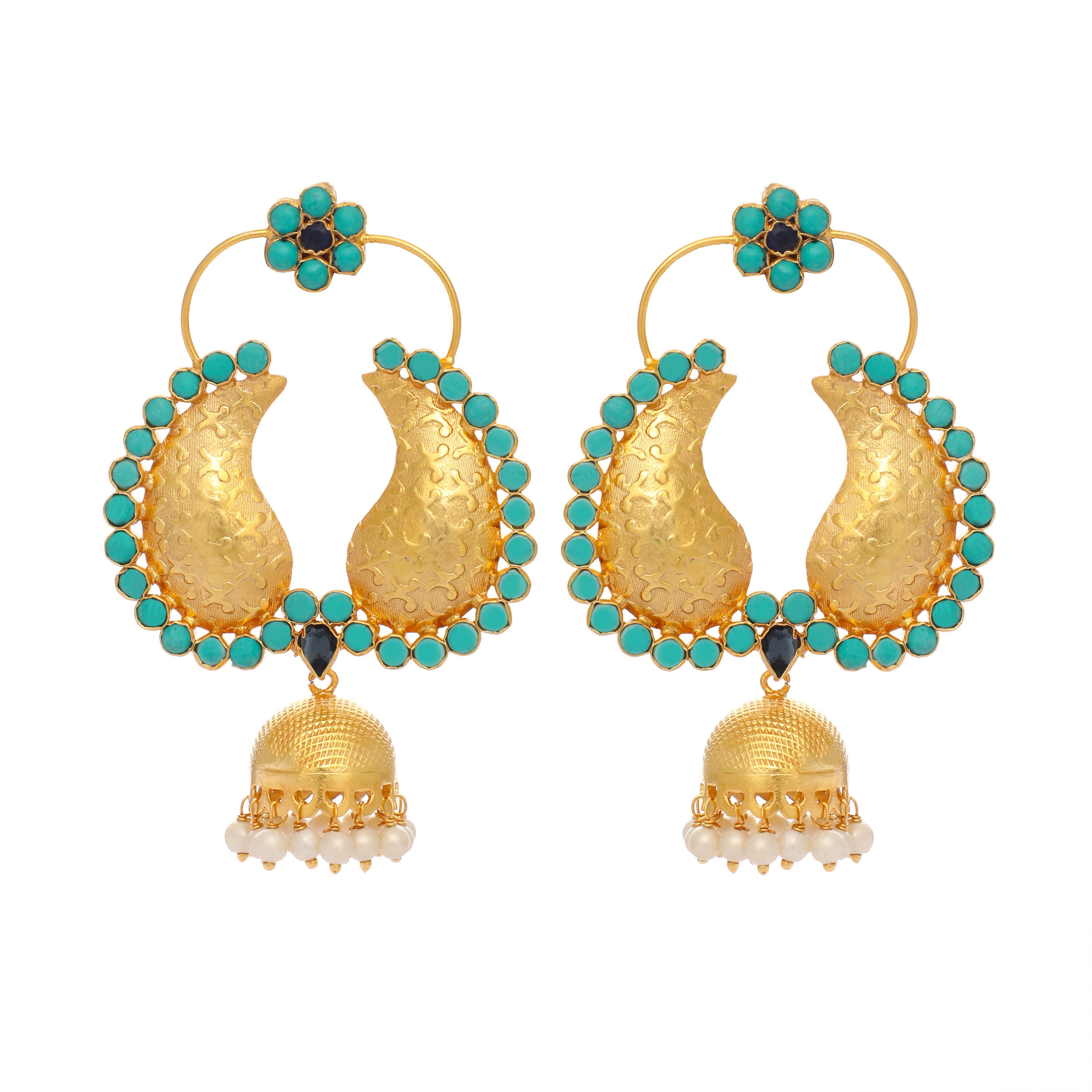Nuyug 22K Gold Plated Turquoise Stone Studded Contemporary Mini Jhumki Dangler Earrings