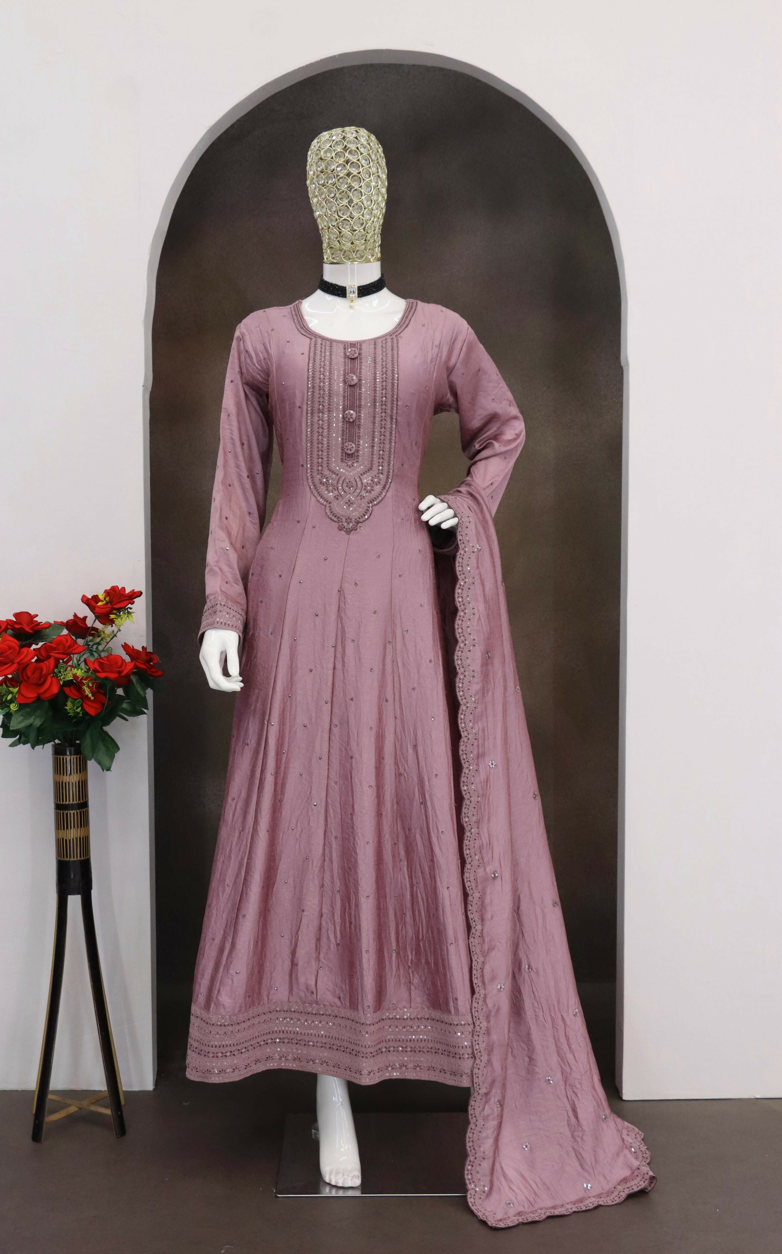 Teeya Creation Pink Color Heavy Vichitra Silk Embroidery Work Long Gown - Distacart