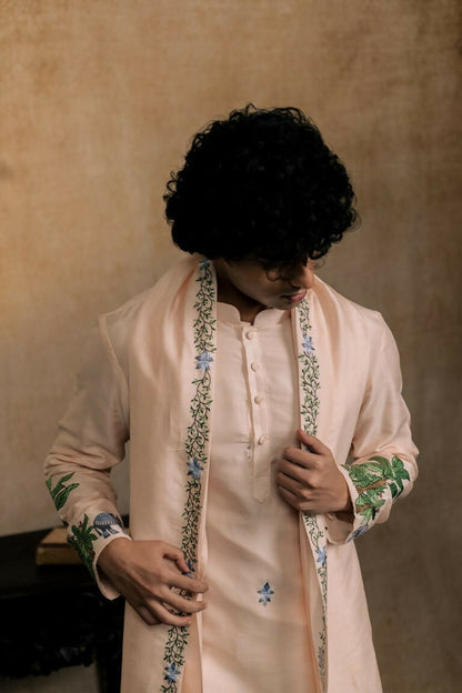 Falling Raw Silk Peach Gajavana Kurta Set By Hilo Design - Distacart