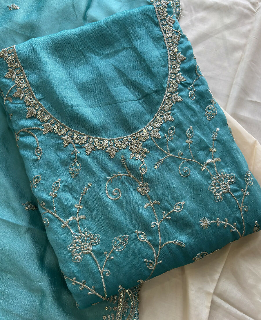 KC Sky Blue Silk Straight Suit For Women Heavy Embroidery Work - Dista