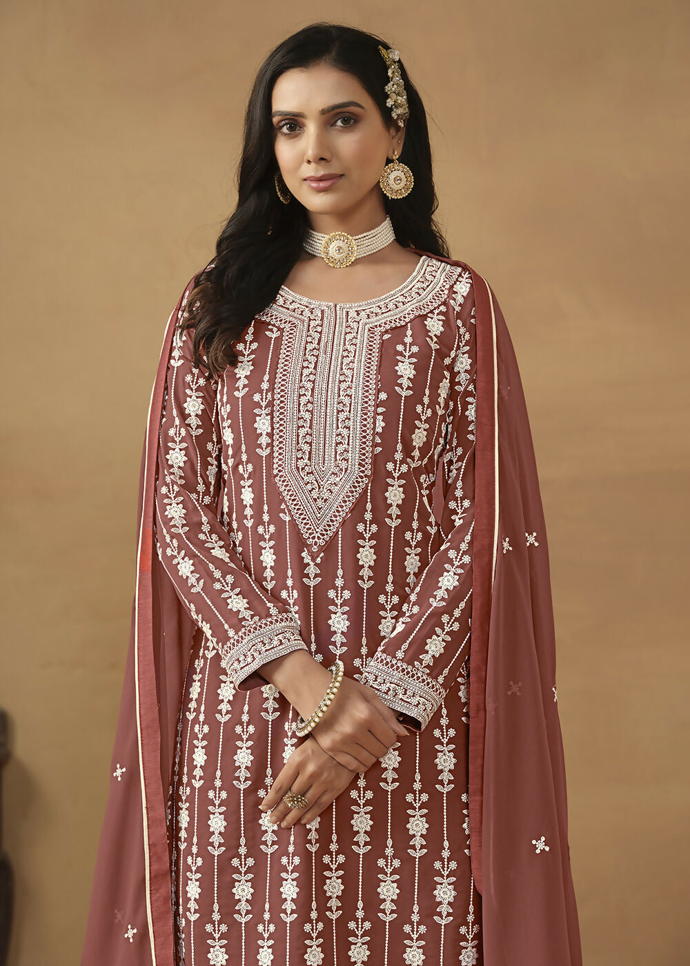 Radiant Brown Embroidered Wedding Festive Gharara Suit - Emponline - Distacart