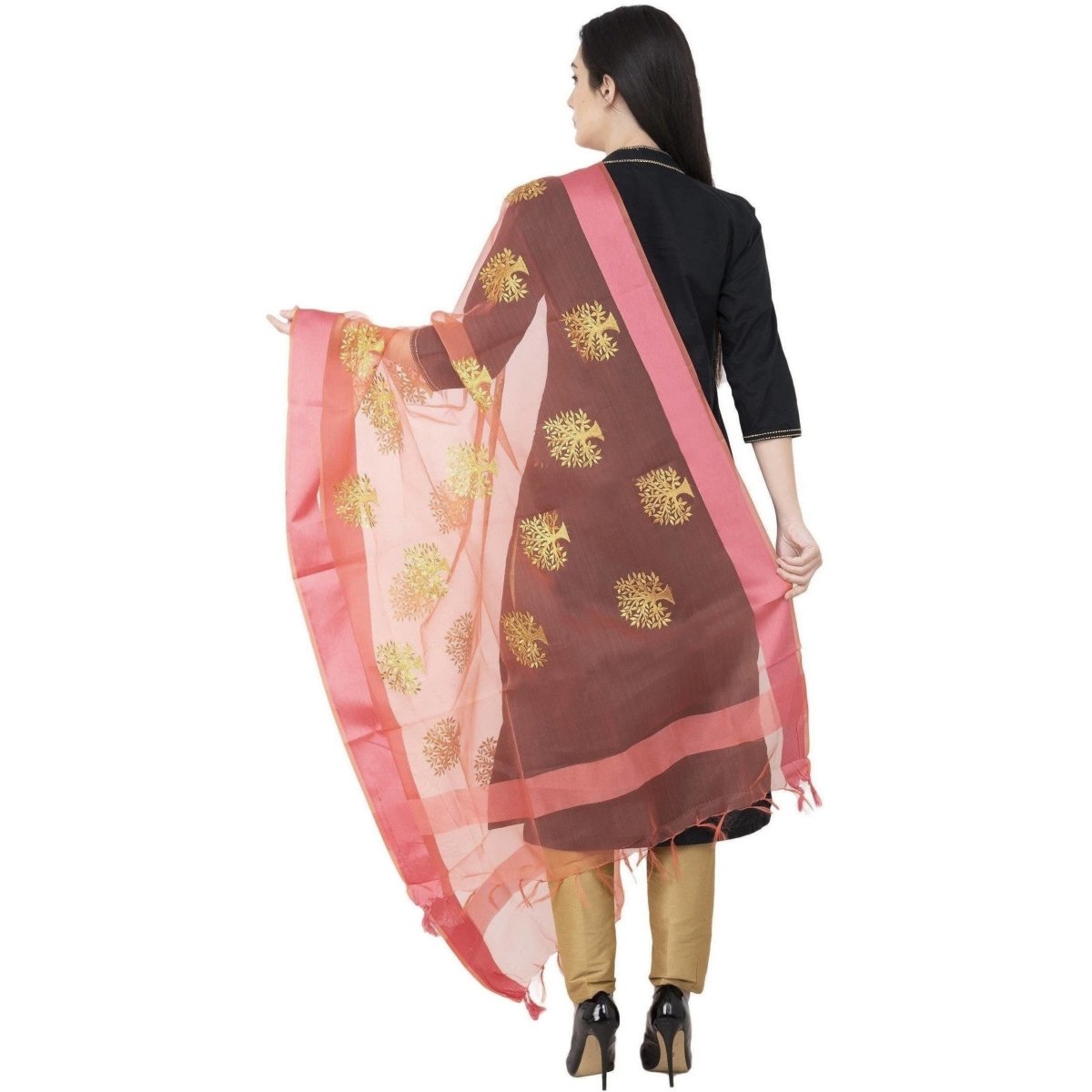 A R Silk TISSUE ZARI EMB. Golden Zari Emb. Color Rani Dupatta or Chunni