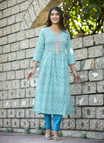 Thumbnail for Kaajh Women's Sky Blue Floral Printed Cotton Kurta Pant Set - Distacart