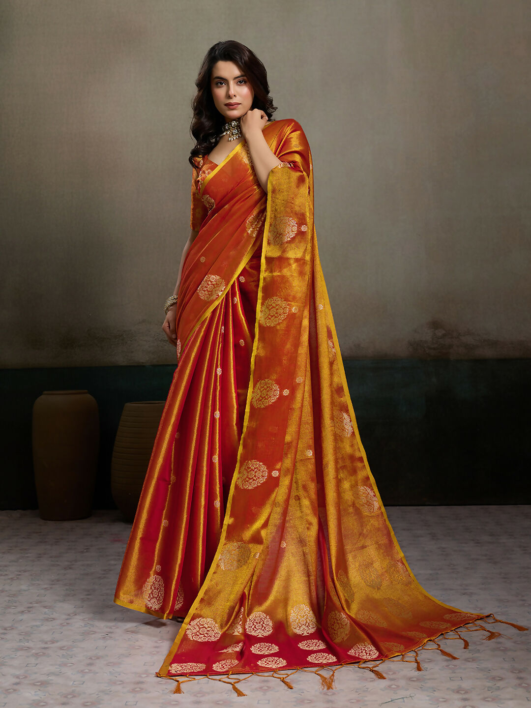 Shree Shyam Fashion Orange Tissue Silk Saree - Distacart