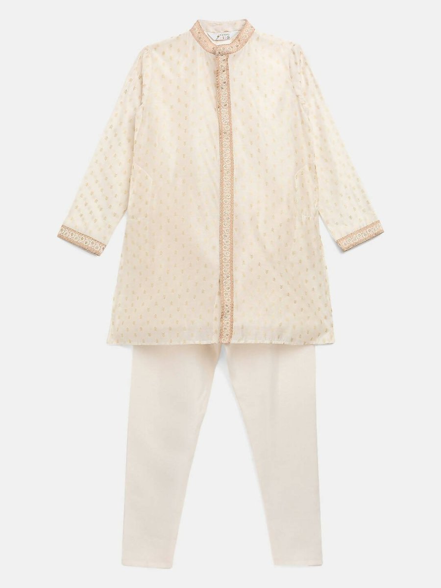 Ahalyaa Cream Chanderi Gold Print Kids Kurta Churidar Set For Boys - Distacart