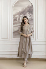 Thumbnail for The52 Chiku Women's Beautiful Vichitra Silk Fabric Embroidered Work Flared Anarkali Pant and Dupatta Set