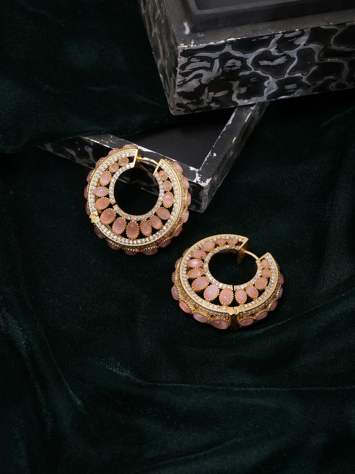 Ruby Raang Gold Polished Peach Round Kundan Loops - Dista