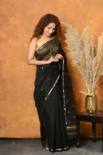 Thumbnail for Very Much Indian Handloom Pure Cotton Silk Saree With Sleek Golden Border - Black - Distacart