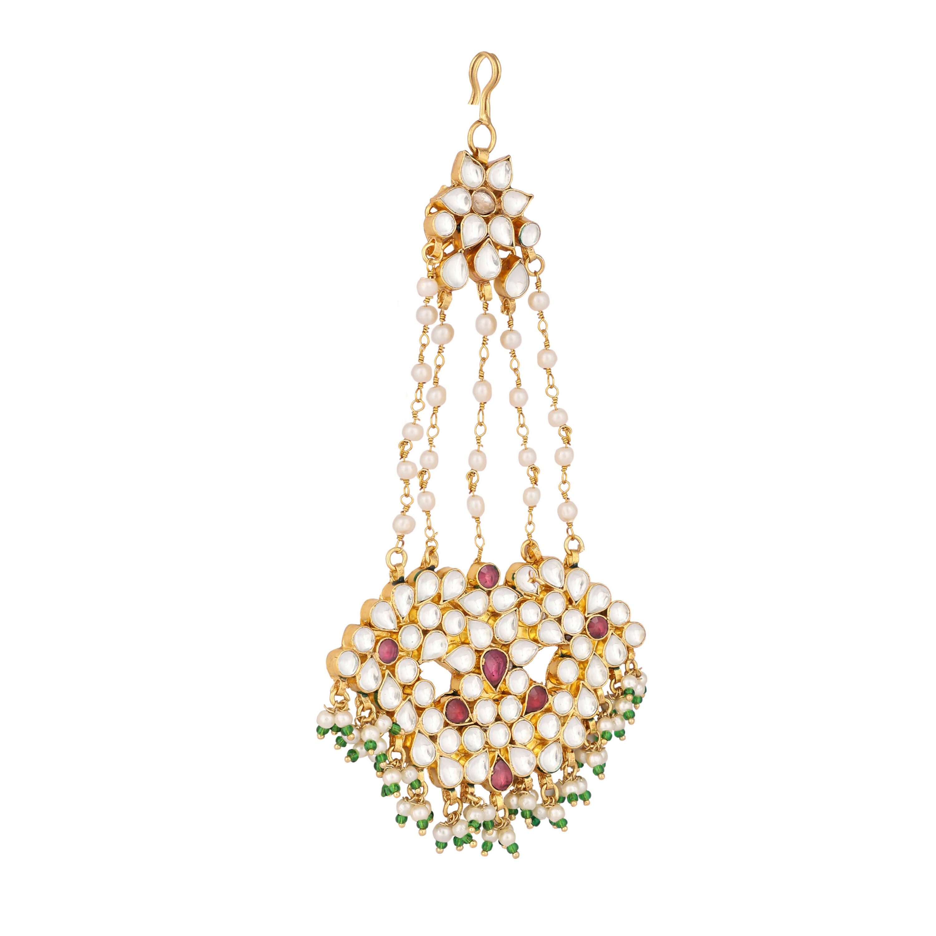 Nuyug 22K Gold-Plated Kundan & Red Stone Studded Jhumar Paasa Head Jewellery
