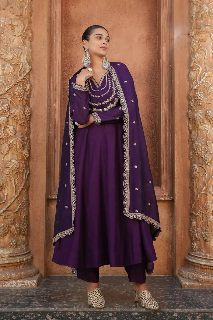 The52 Wine Women's Gorgeous Vichitra Silk Fabric Embroidered Work Flared Anarkali Pant and Dupatta Set