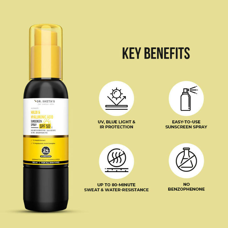 Dr. Sheth's Haldi & Hyaluronic Acid Sunscreen Spray SPF 50+ PA++++ - Distacart