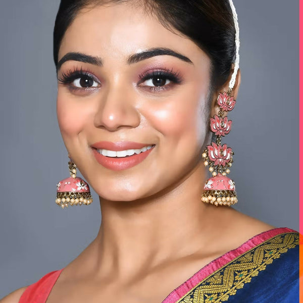Joban Fashion Women Kundan Pearl Mina Golden White Pink Earrings - Distacart