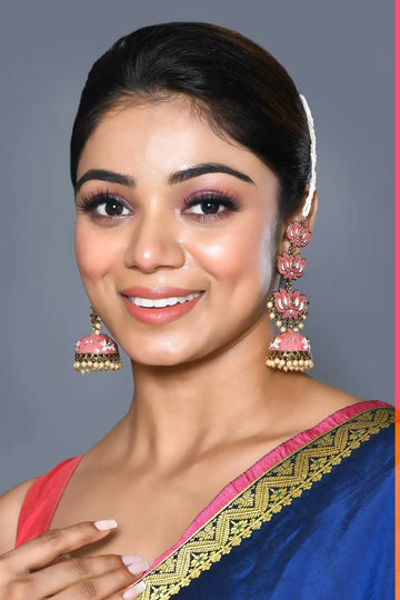 Joban Fashion Women Kundan Pearl Mina Golden White Pink Earrings - Distacart