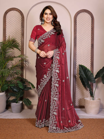 Teeya Creation New Womens Latest Party Wear Soft Chiffon Silk Saree-Red - Dista