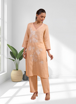 Thumbnail for Joban Fashion Coral Linen Embroidered Readymade Long Kurta With Pant - Distacart