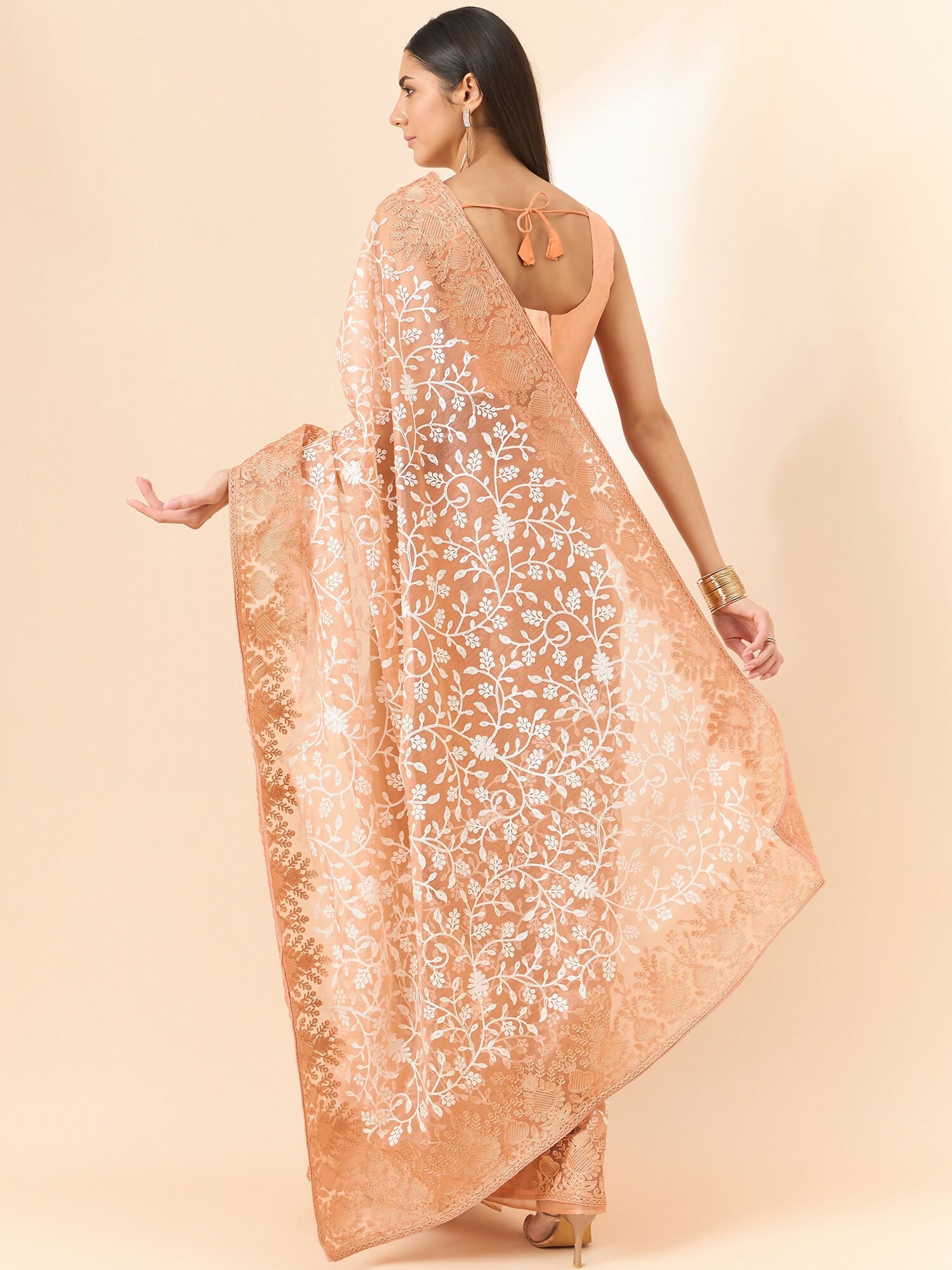 Peach Organza Floral Embroidered Saree with Unstitched Blouse Piece - Roozal - Distacart