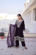 Thumbnail for Joban Fashion Wine Kurta Set Velvet Sequins , Zari, Coding & Thread Embroidered work - Distacart