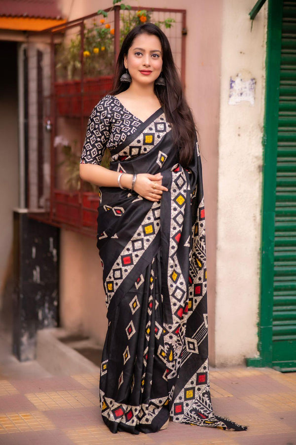 Black Silk Blend Ethnic Motifs Saree with Unstitched Blouse - A2M