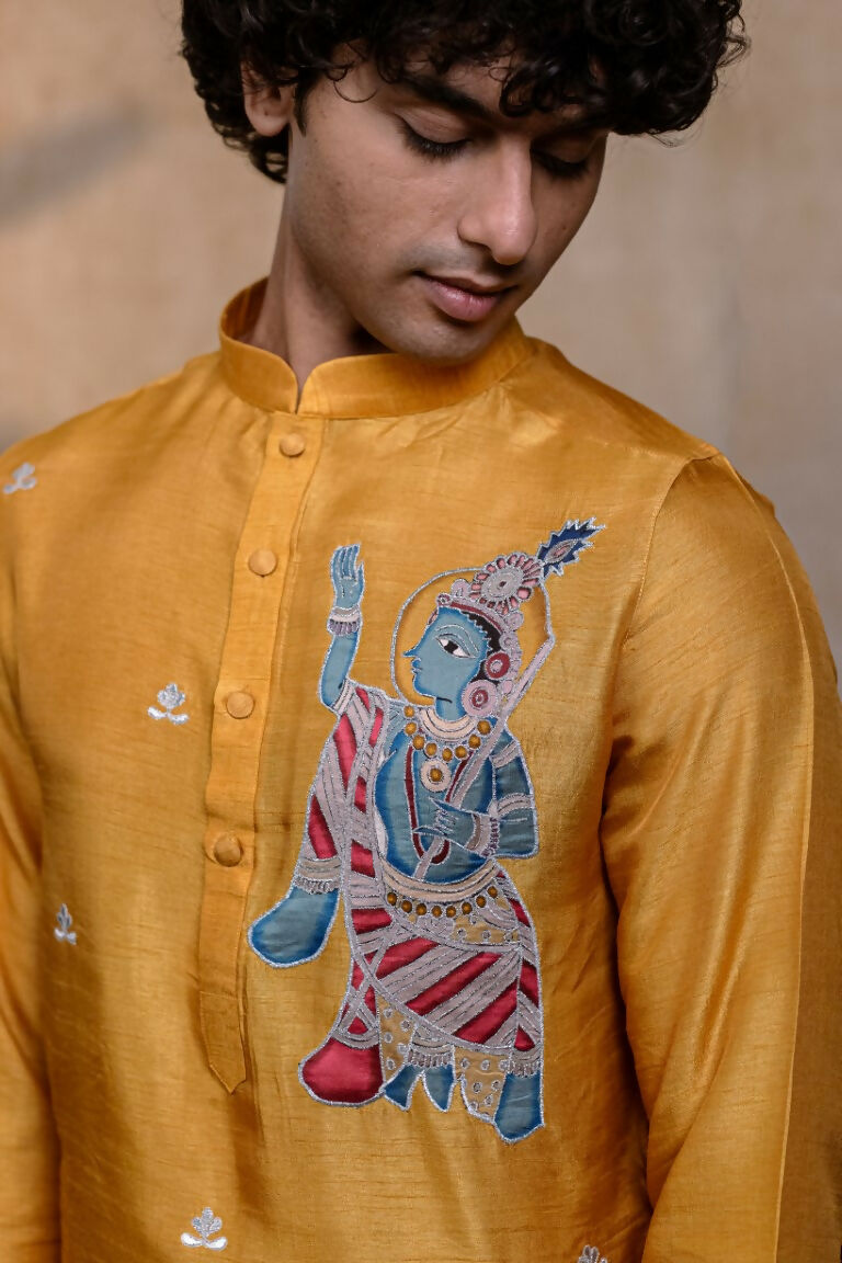 Falling Raw Silk Yellow Mural Krishna By Hilo Design - Distacart