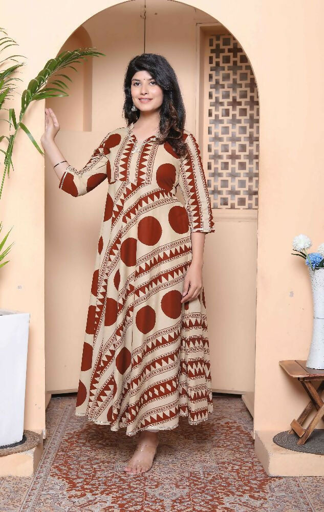 Miravan Womens Brown Printed V-Neck Anarkali Kurta