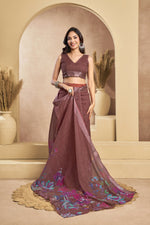 Thumbnail for Vastranavya Coffee Digital Printed Linen Ready To Wear Designer Saree with Unstitched Blouse - Distacart