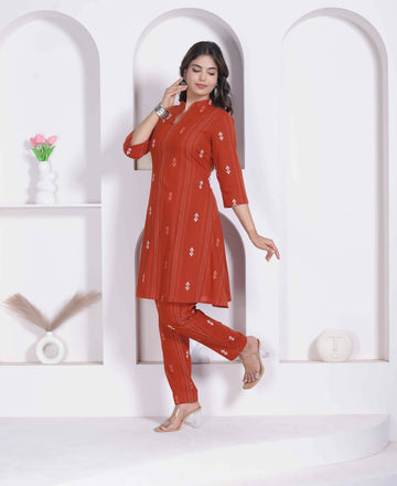 Miravan Womens Rust Color Abstract Printed Cotton Kurta With Palazzo - Dista