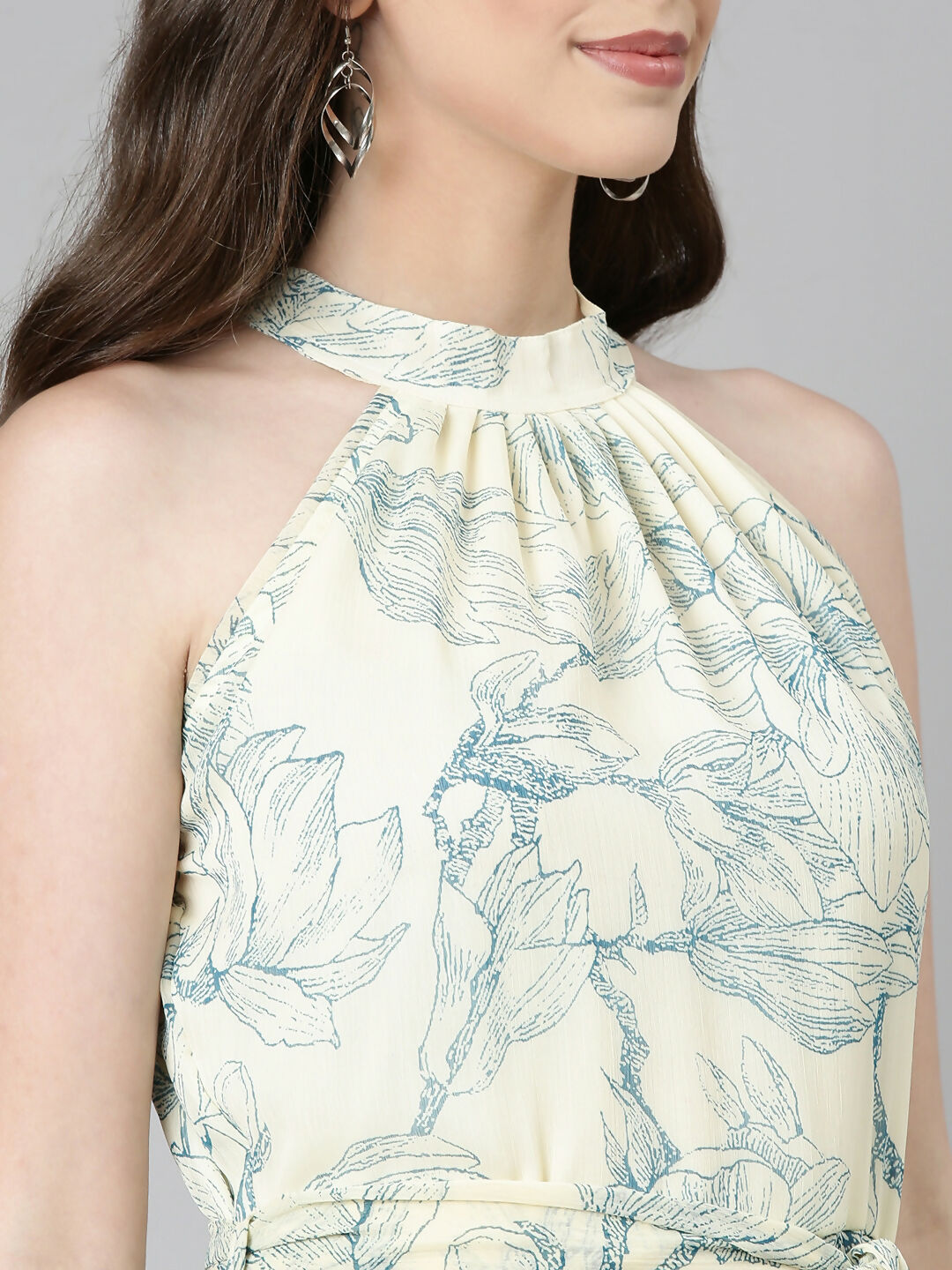 Souchii Cream & Blue Floral Chiffon Maxi Dress