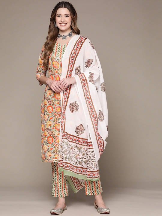 Anubhutee Green Floral Printed Sequinned Pure Cotton Kurta with Trousers & Dupatta - Distacart