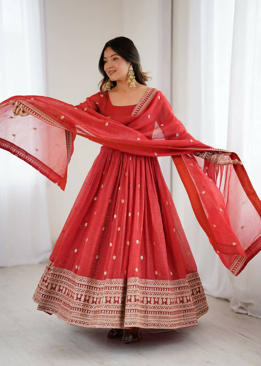 The52 Women's Beautiful Embroidery Work Crunchy Silk Fabric Flared Anarkali and Dupatta Set - Distacart