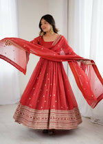 Thumbnail for The52 Women's Beautiful Embroidery Work Crunchy Silk Fabric Flared Anarkali and Dupatta Set - Distacart