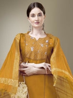 Thumbnail for Jyoti Fashion Women's Yellow Cotton Blend Embroidery & Fancy Lace work Kurta with Trouser & Dupatta - Distacart