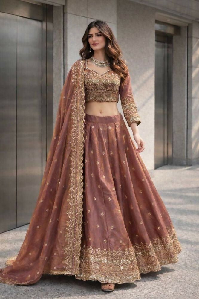 Teeya Creation Onion Color Fendy Satin Heavy Embroidery Work Wedding Wear Stitched Lehenga Choli - Distacart