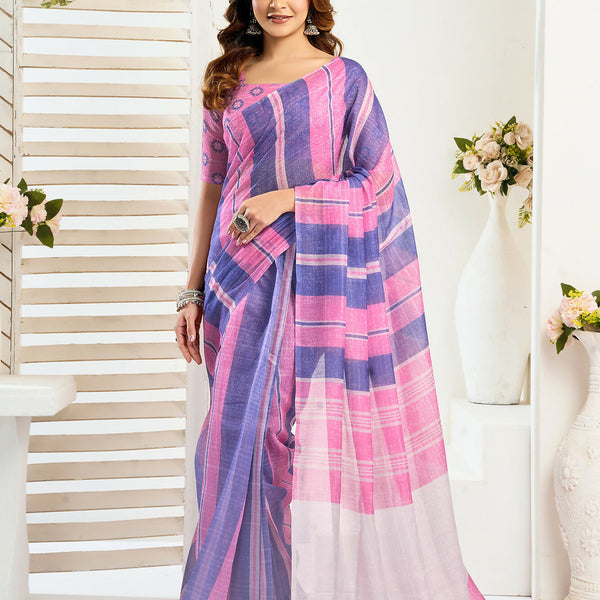 Vastranavya Pink Blue Digital Printed Linen Ready To Wear Designer Saree with Unstitched Blouse - Distacart