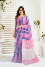 Thumbnail for Vastranavya Pink Blue Digital Printed Linen Ready To Wear Designer Saree with Unstitched Blouse - Distacart