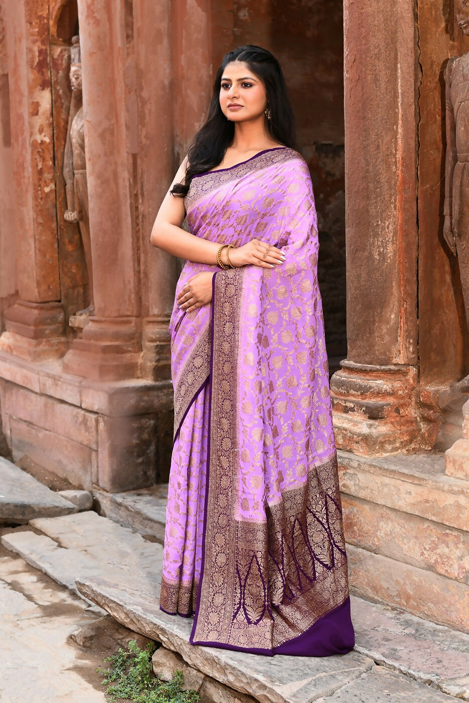 Joban Fashion Lavender Crepe Chiffon Pure Handloom Banarasi Silk Saree