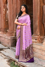Thumbnail for Joban Fashion Lavender Crepe Chiffon Pure Handloom Banarasi Silk Saree