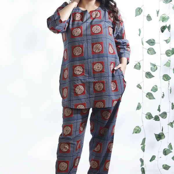 Breathables Women’S Blue Cotton Geometric Print Loungewear Co-Ord Set – Hip-Length Kurta & Pants - Dista
