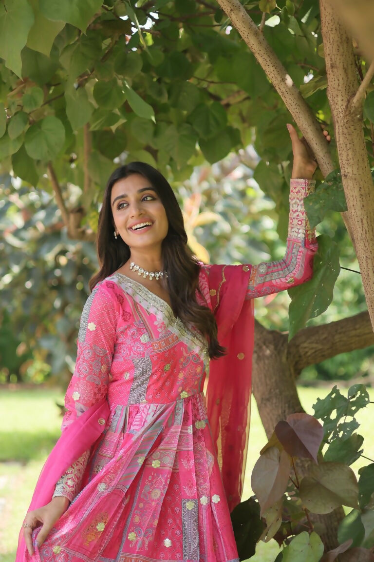 Jyoti Fashion Women's Pink Russian Silk Digital Print with Embroidered Anarkali Dress with Dupatta - Distacart
