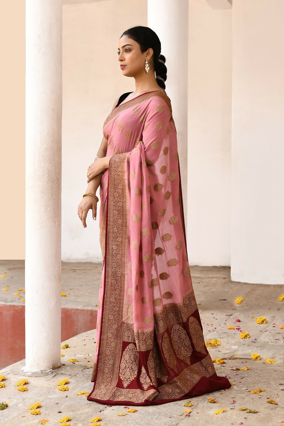 Joban Fashion Nude Pink Crepe Chiffon Pure Handloom Banarasi Silk Saree
