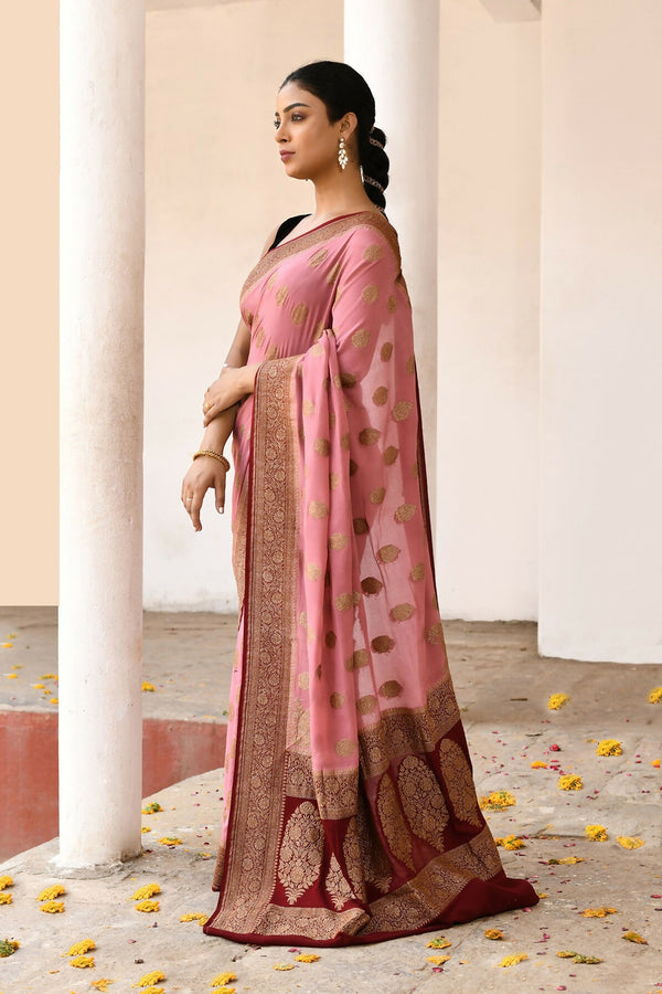Joban Fashion Nude Pink Crepe Chiffon Pure Handloom Banarasi Silk Saree