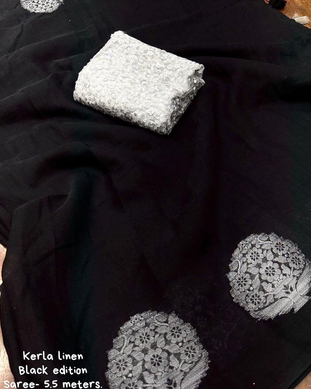 Black Pure Linen Woven Design Saree with Unstitched Blouse - Hiral Fashion - Distacart