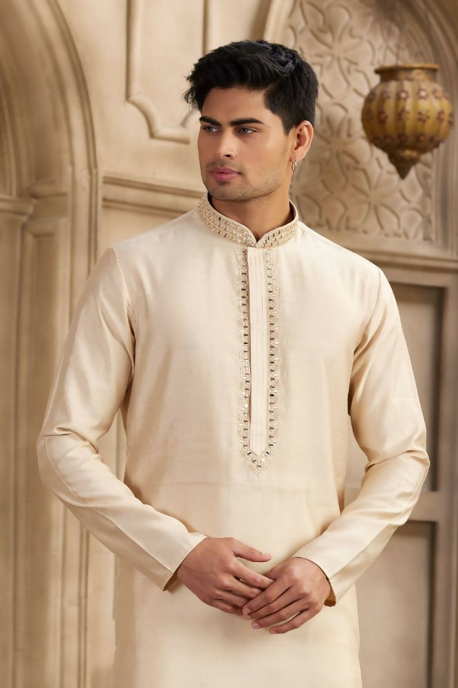 Raivat Ethnic Banarasi Art Silk Mirror Work Kurta Pajama In Beige Colour
