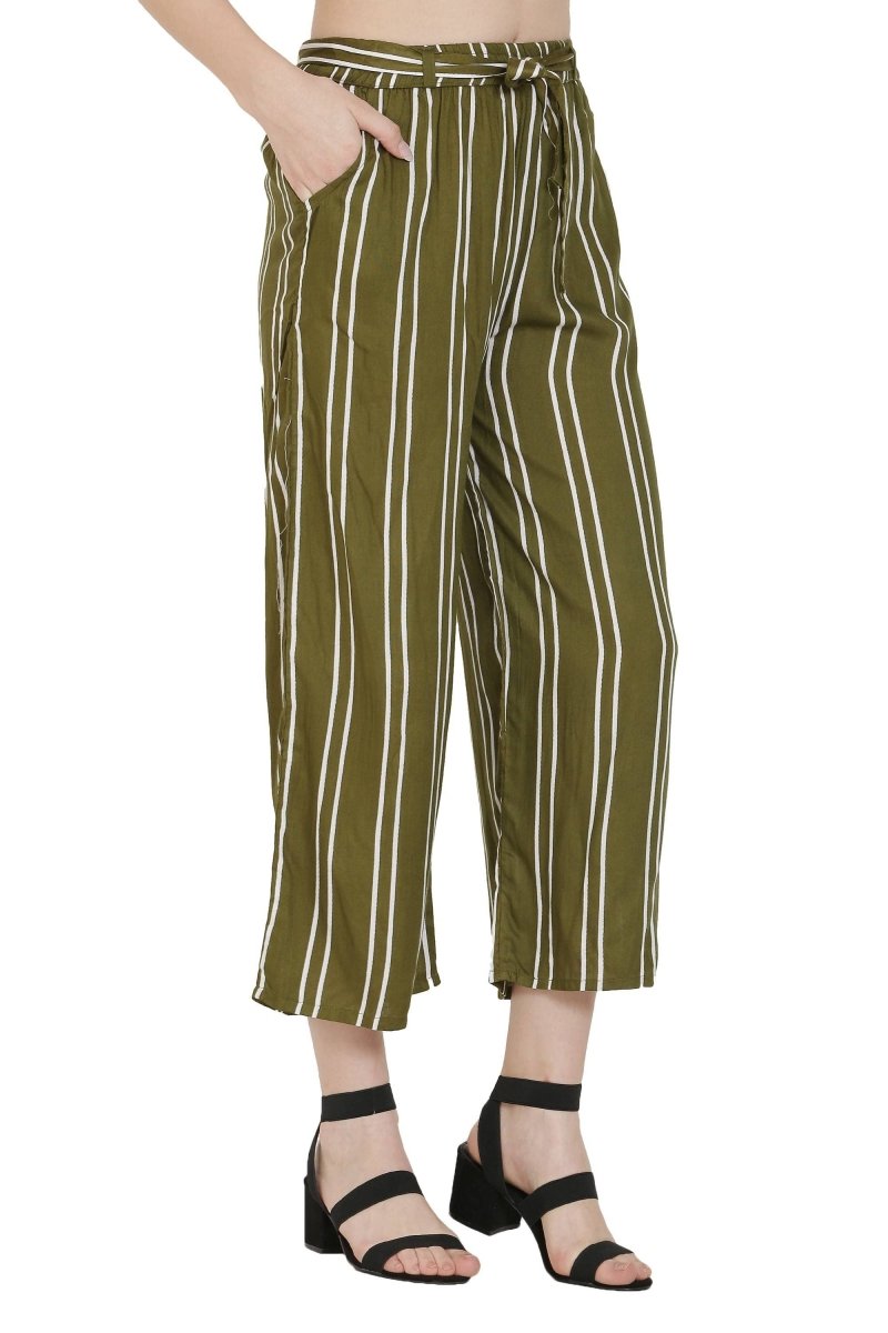 Asmaani Olive Green Color Rayon Fabric Stripped Palazzo