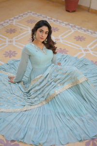 Thumbnail for Aastha Fashion Women's Sky Blue Faux Georgette Sequins Embroidered Anarkali Dress with Dupatta - Distacart