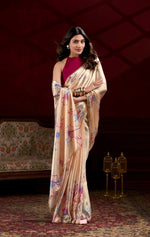 Thumbnail for Vastranavya Cream Satin Silk Floral Printed with Pearl Lace Saree with Unstitched Blouse - Distacart