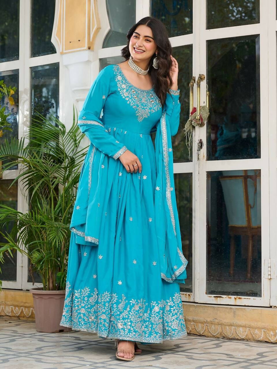 The52 Women's Beautiful American Silk Fabric Embroidery Work Flared Anarkali Pant and Dupatta Set - Distacart