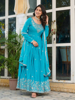 Thumbnail for The52 Women's Beautiful American Silk Fabric Embroidery Work Flared Anarkali Pant and Dupatta Set - Distacart