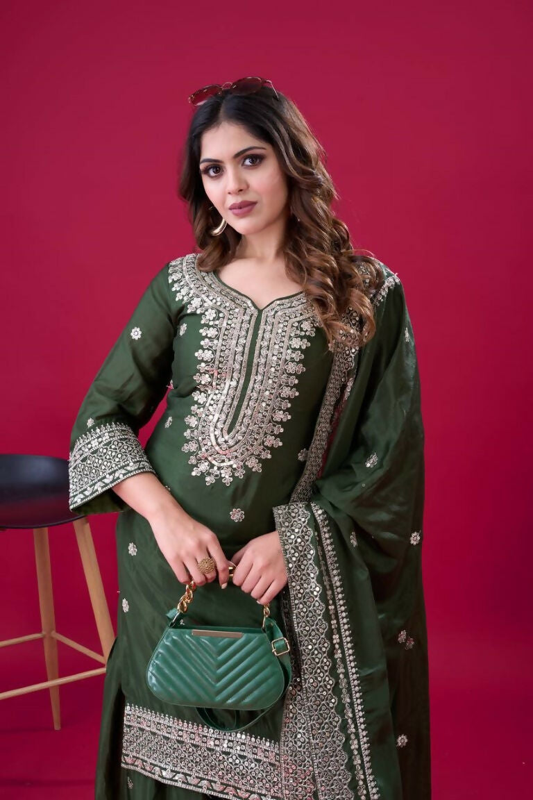 Teeya Creation Green Colour Chinnon Silk Heavy Embroidery Work Fully Stitched Salwar Suit